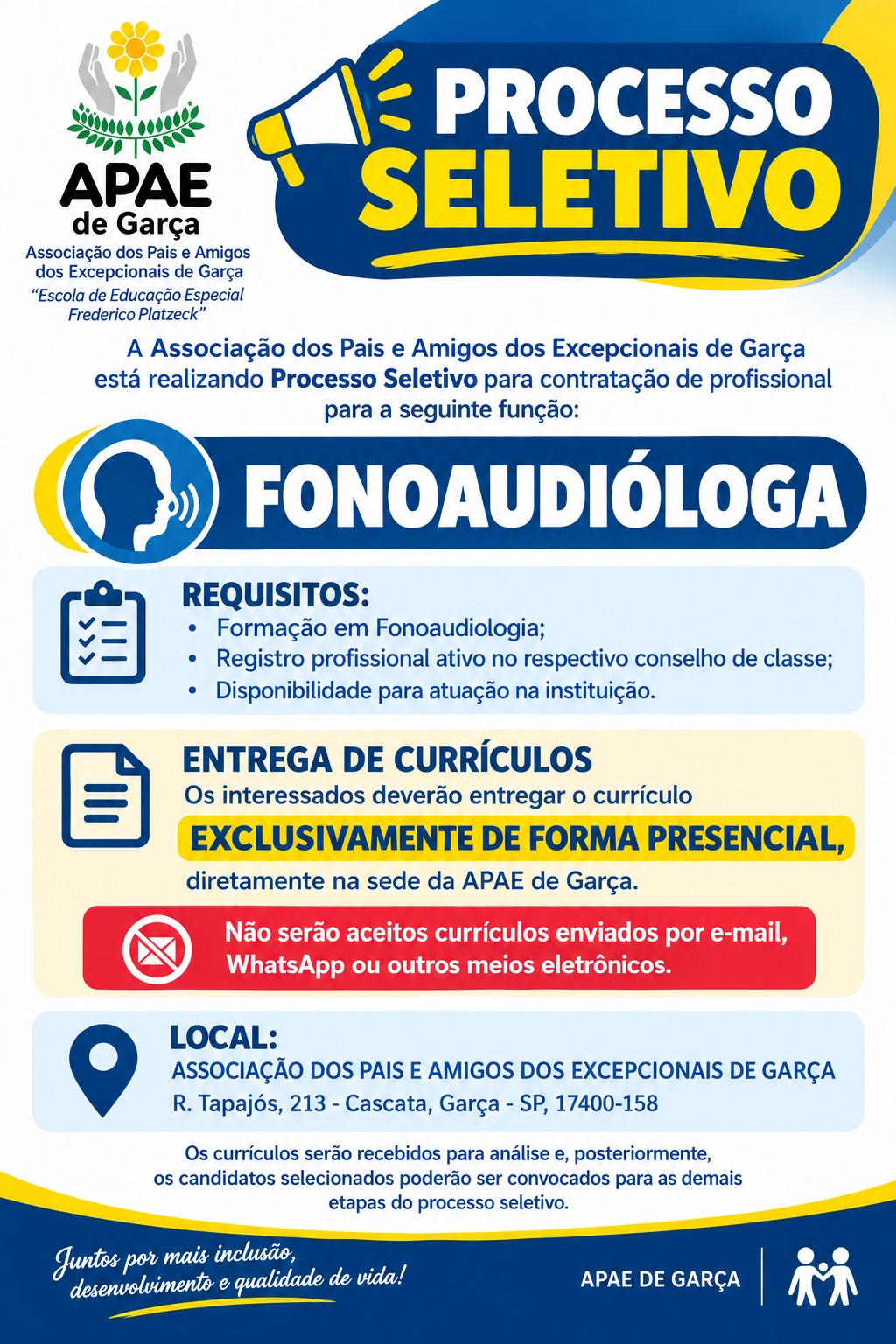 📢 PROCESSO SELETIVO – APAE DE GARÇA